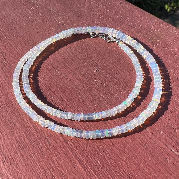 Handcraft Natural Untreated Welo Opal Necklace 14K White Gold, 14th Anniversary - Picture 3 of 10